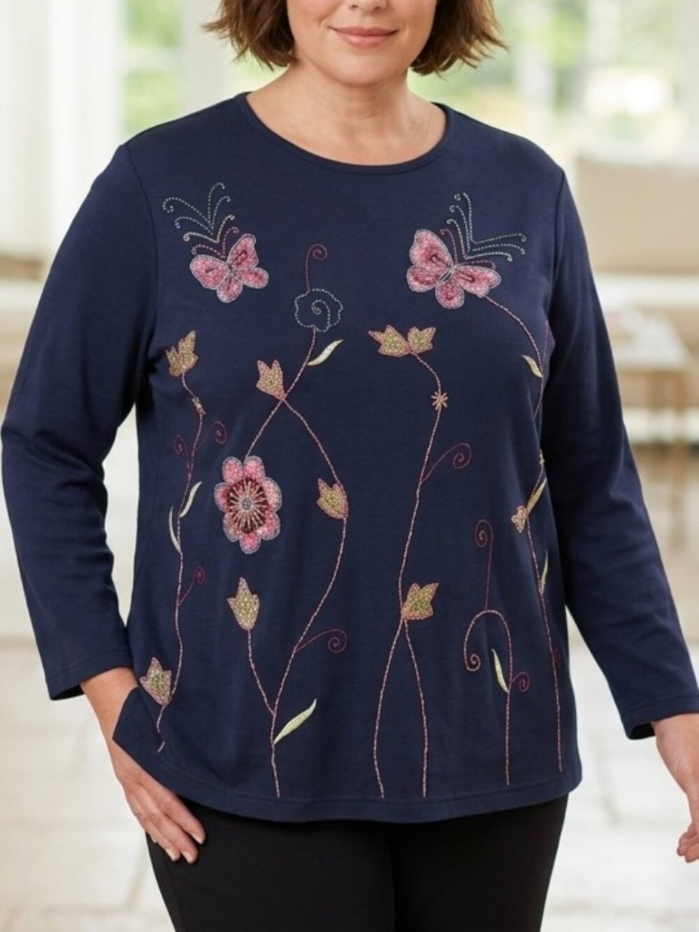 Vintage 90s Quacker Factory Women Navy Top XL Embroidered Butterfly Whimsical
